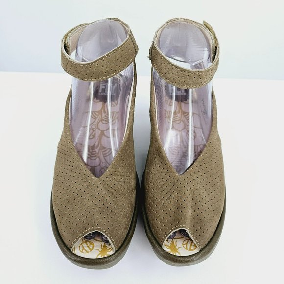 Fly London Yala Sandals 36 5.5 Perforated Suede Wedge Olive Green Taupe Peep Toe - Picture 5 of 13